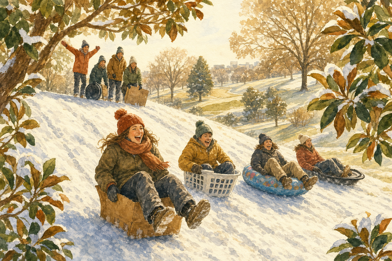 Locals sledding down Shelby Golf Course 10th hole on cardboard boxes and laundry baskets