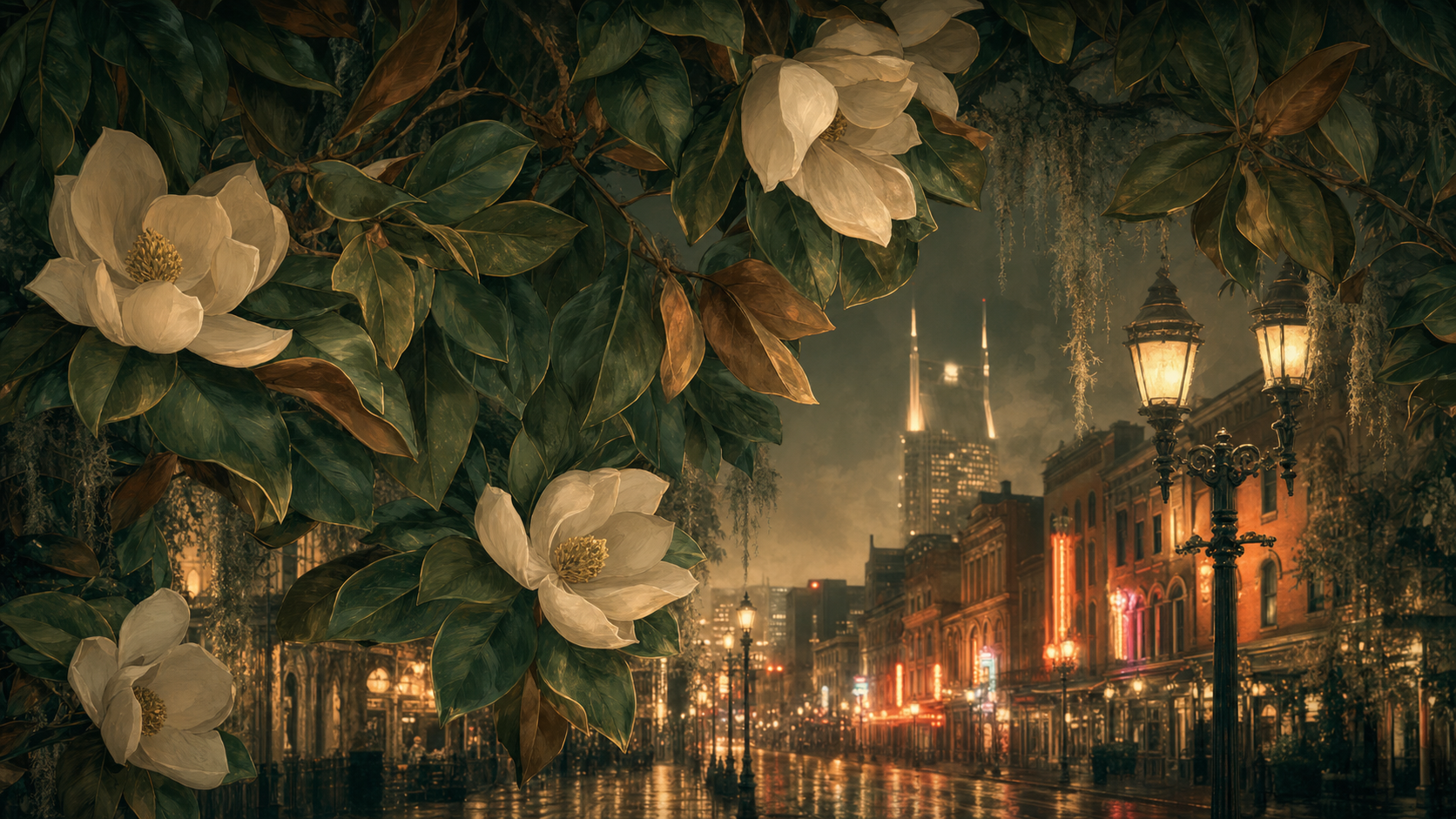 Lower Broadway Nashville at night with warm neon glow and draping magnolia leaves