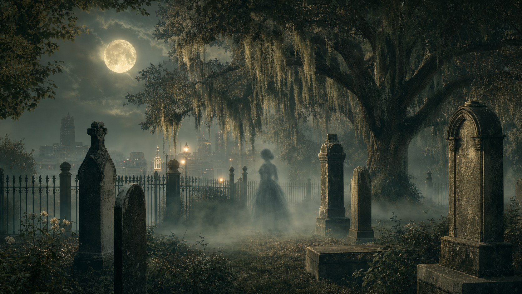 Moonlit historic Nashville cemetery with fog, weathered headstones, and a ghostly Victorian figure fading into mist