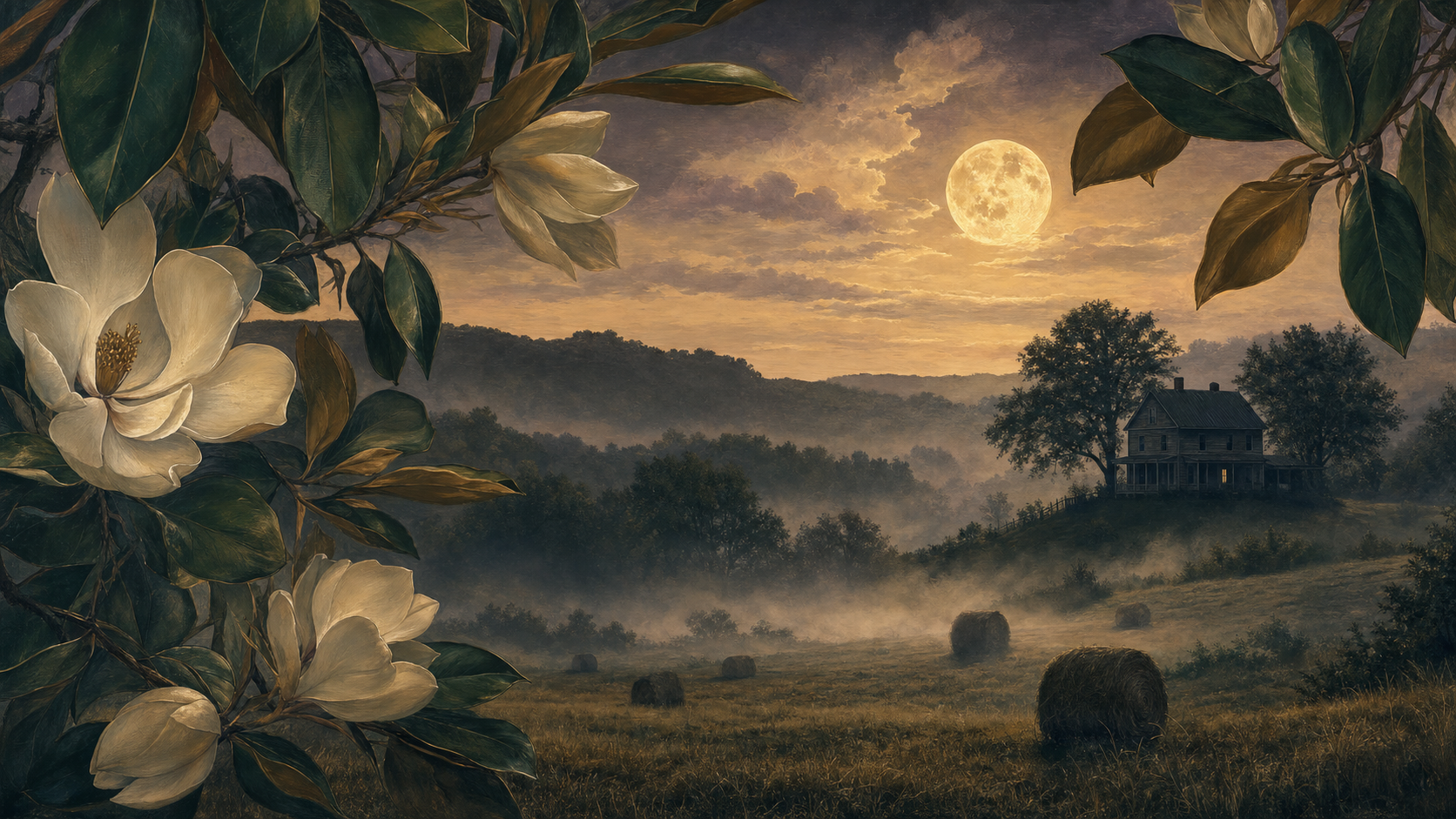 Middle Tennessee countryside at dusk with old farmhouse silhouette and full moon