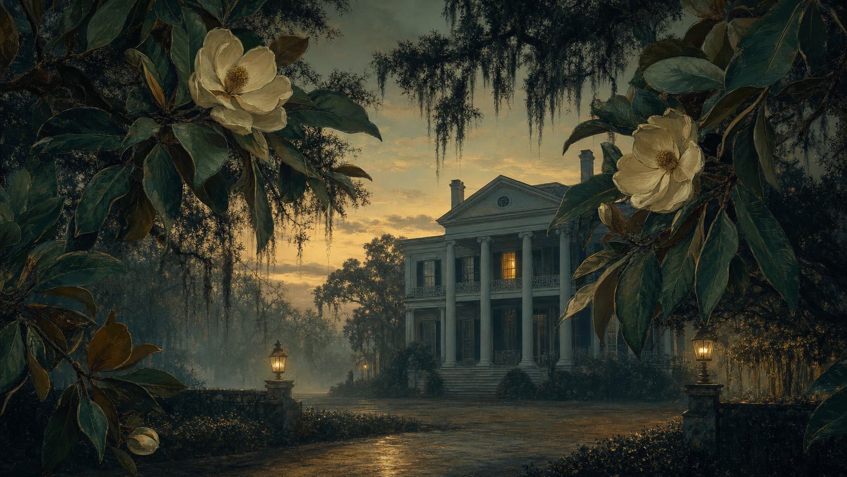 Grand Southern estate at dusk with columns, Spanish moss, and magnolia blossoms