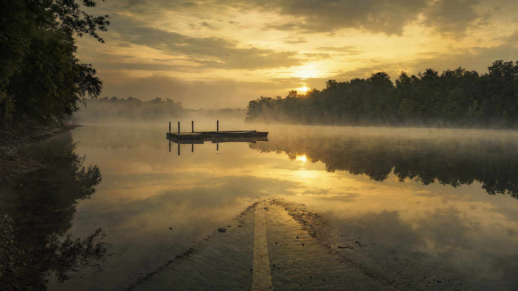 Misty Percy Priest Lake at golden dusk with a small dock, still water, and a submerged road disappearing beneath the surface toward the flooded town of Couchville