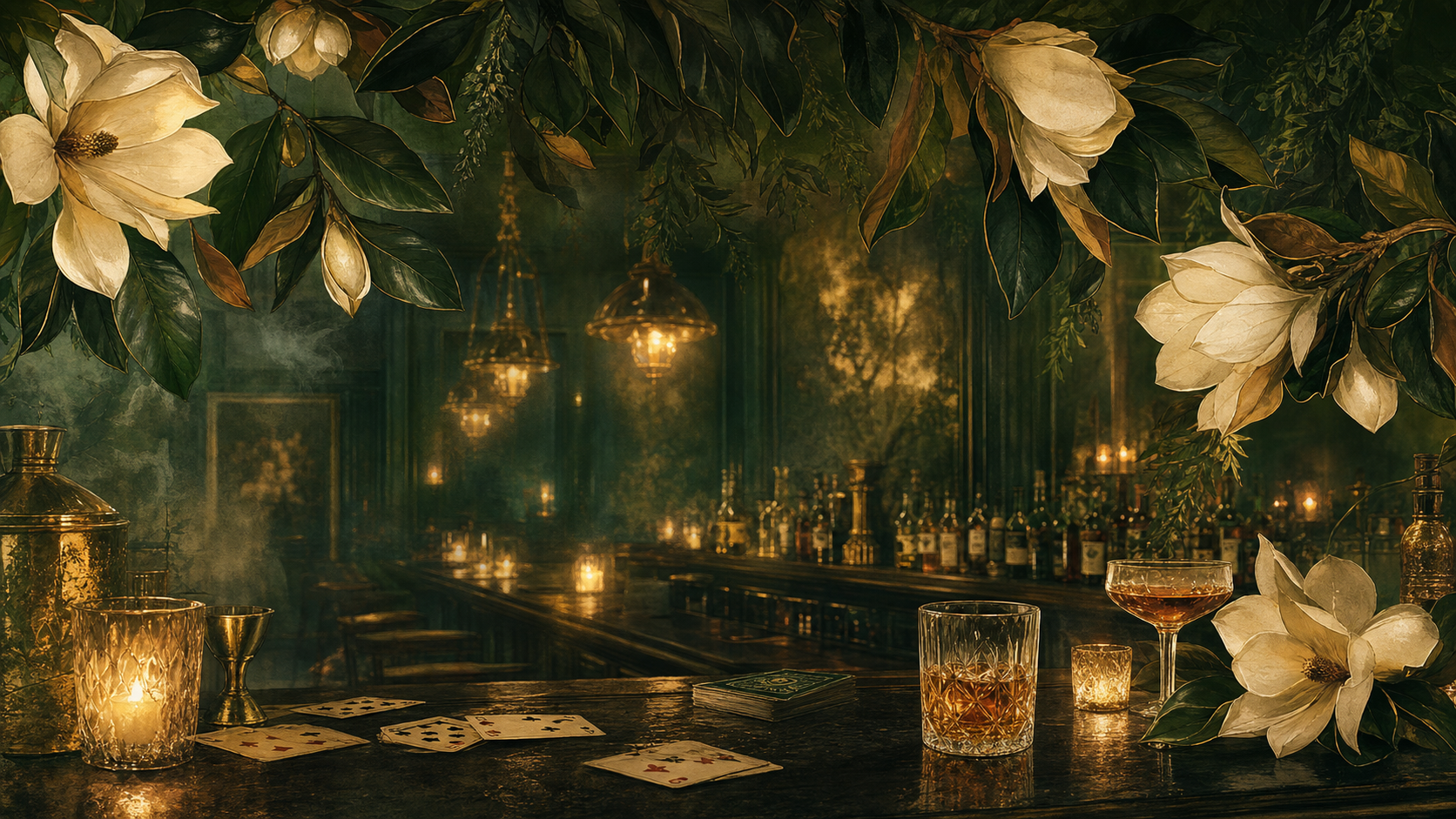 Candle-lit Nashville speakeasy interior with whiskey and playing cards