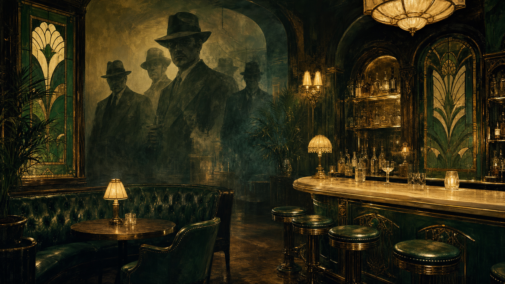Dark vintage Nashville speakeasy interior with green leather booths, art deco stained glass, ghostly prohibition-era figures in the shadows