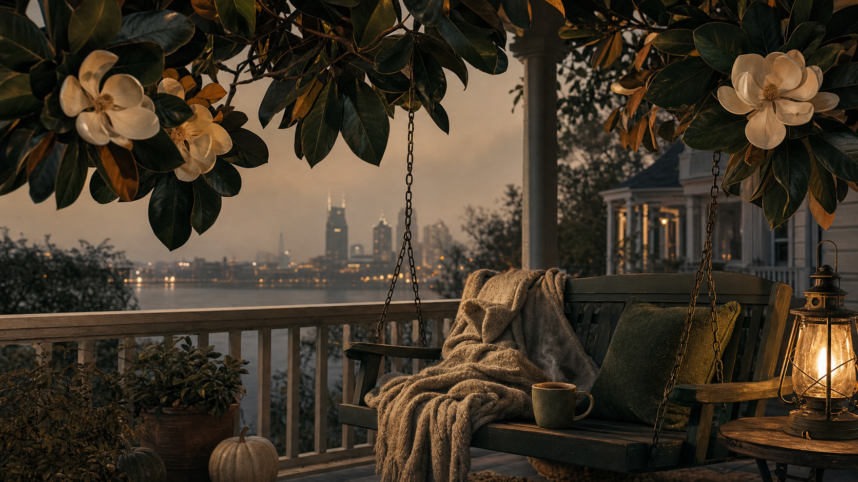 Cozy Southern porch swing at dusk with lantern and magnolia blossoms overlooking Nashville skyline