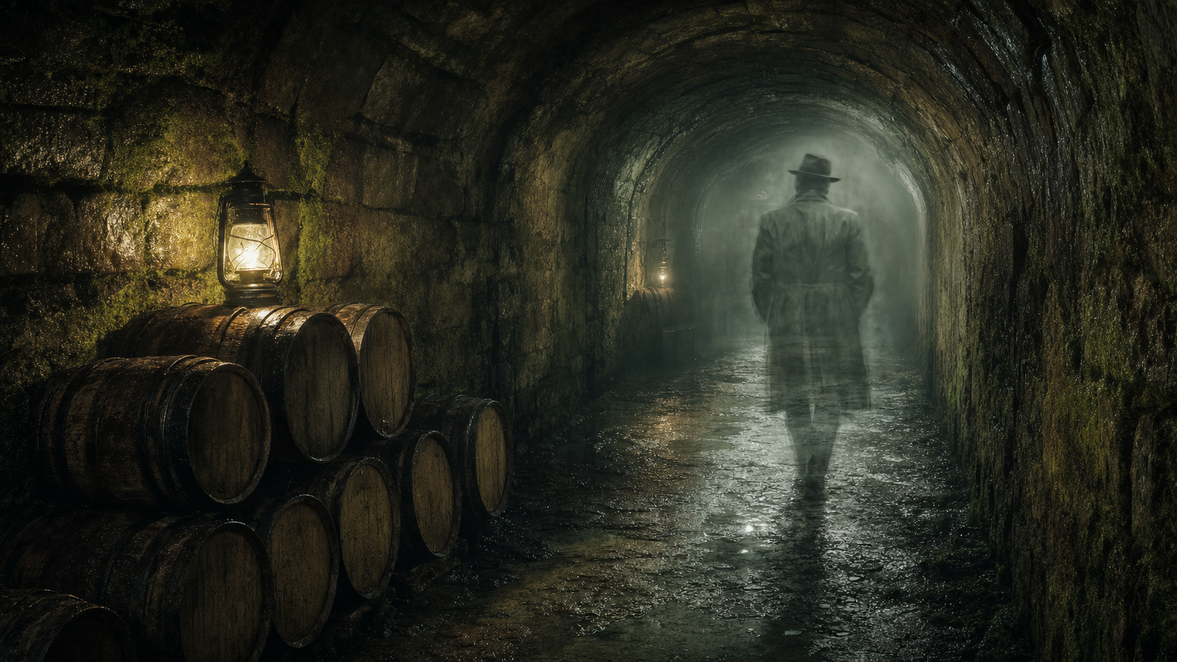 Underground stone tunnel with prohibition-era whiskey barrels, lantern light, and a ghostly bootlegger silhouette in fedora and long coat