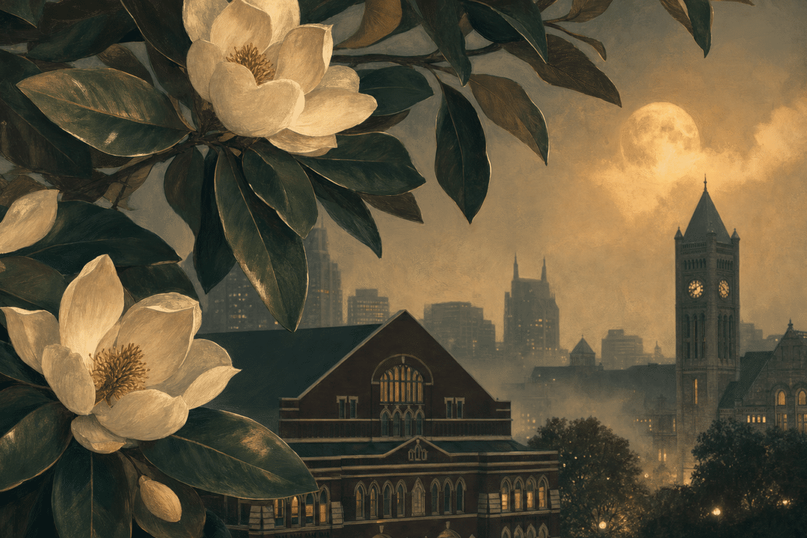 Nashville skyline at dusk with Ryman Auditorium, Union Station clock tower, magnolia blossoms and moody warm gold light — Music City Magnolia spooky season blog hero