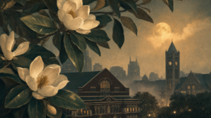 Nashville skyline at dusk with Ryman Auditorium, Union Station clock tower, magnolia blossoms and moody warm gold light — Music City Magnolia spooky season blog hero