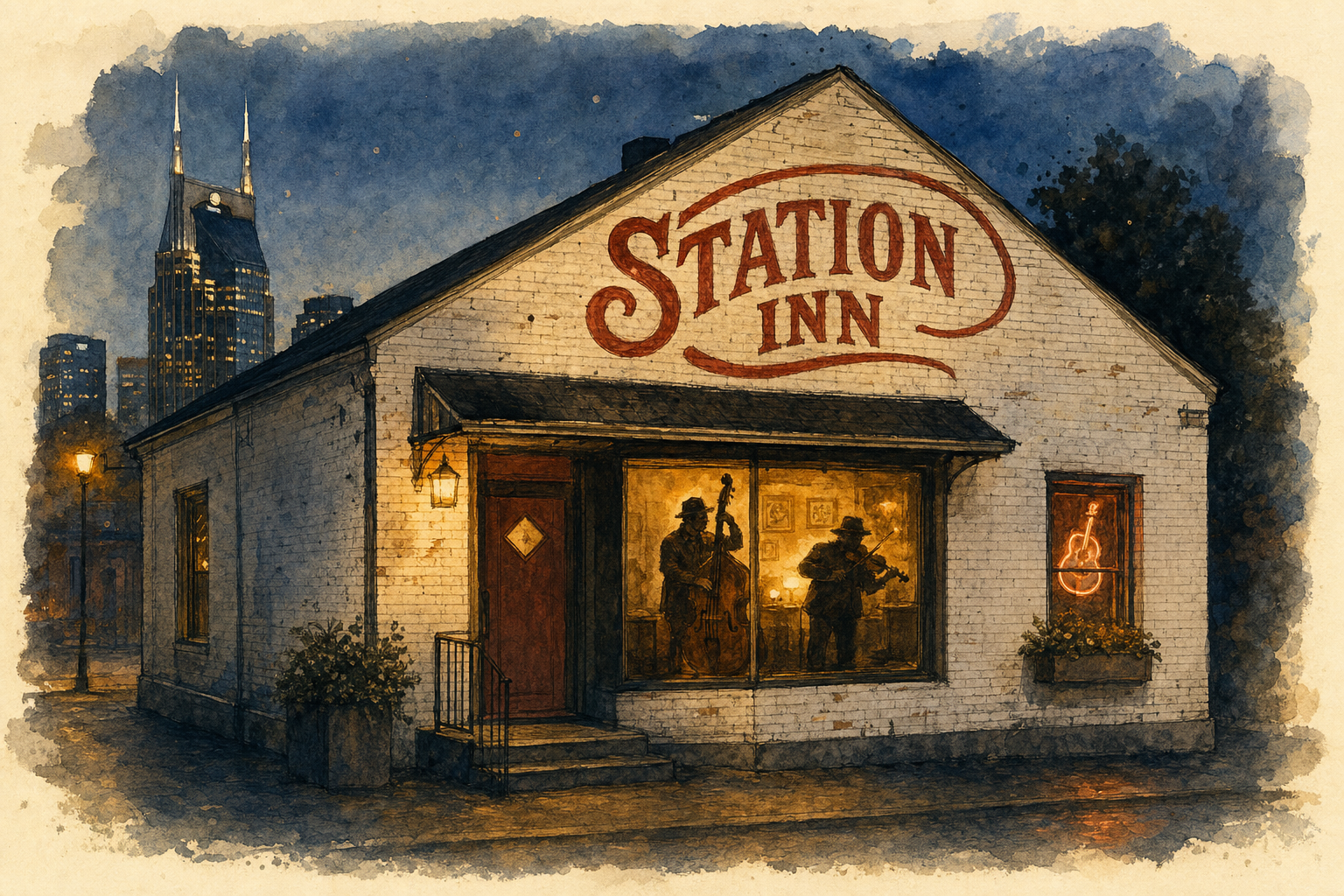 Illustration of Station Inn Nashville at night with bluegrass musicians visible through the front window