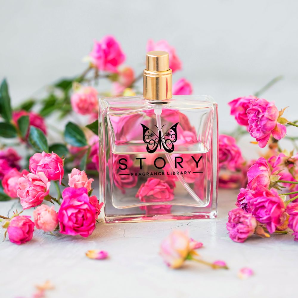 Story Fragrance Library Nashville — branded perfume bottle among pink roses