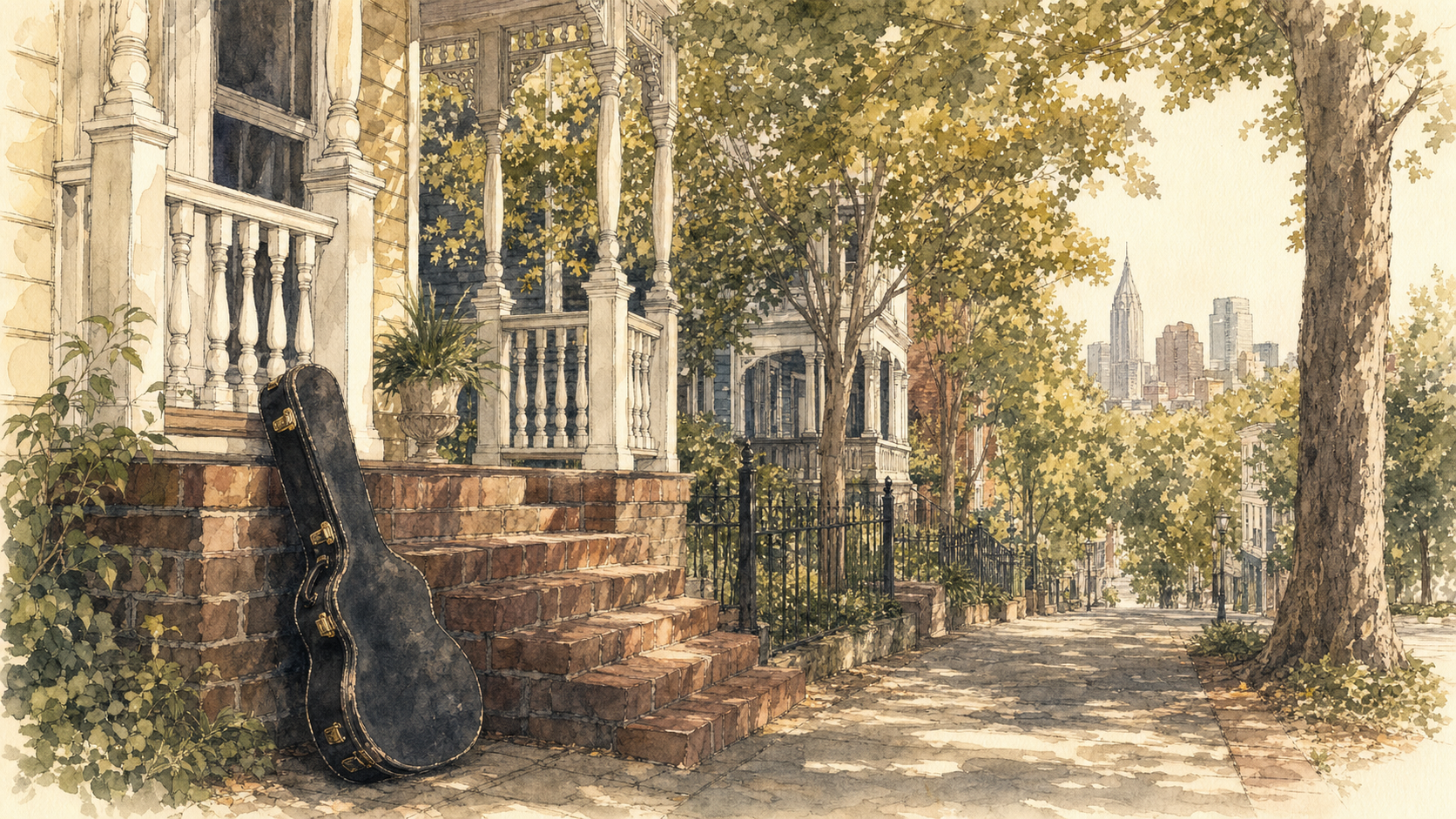 A vintage guitar case leaning against a Nashville Victorian porch on a shaded tree-lined sidewalk in golden-hour light, downtown skyline in the distance
