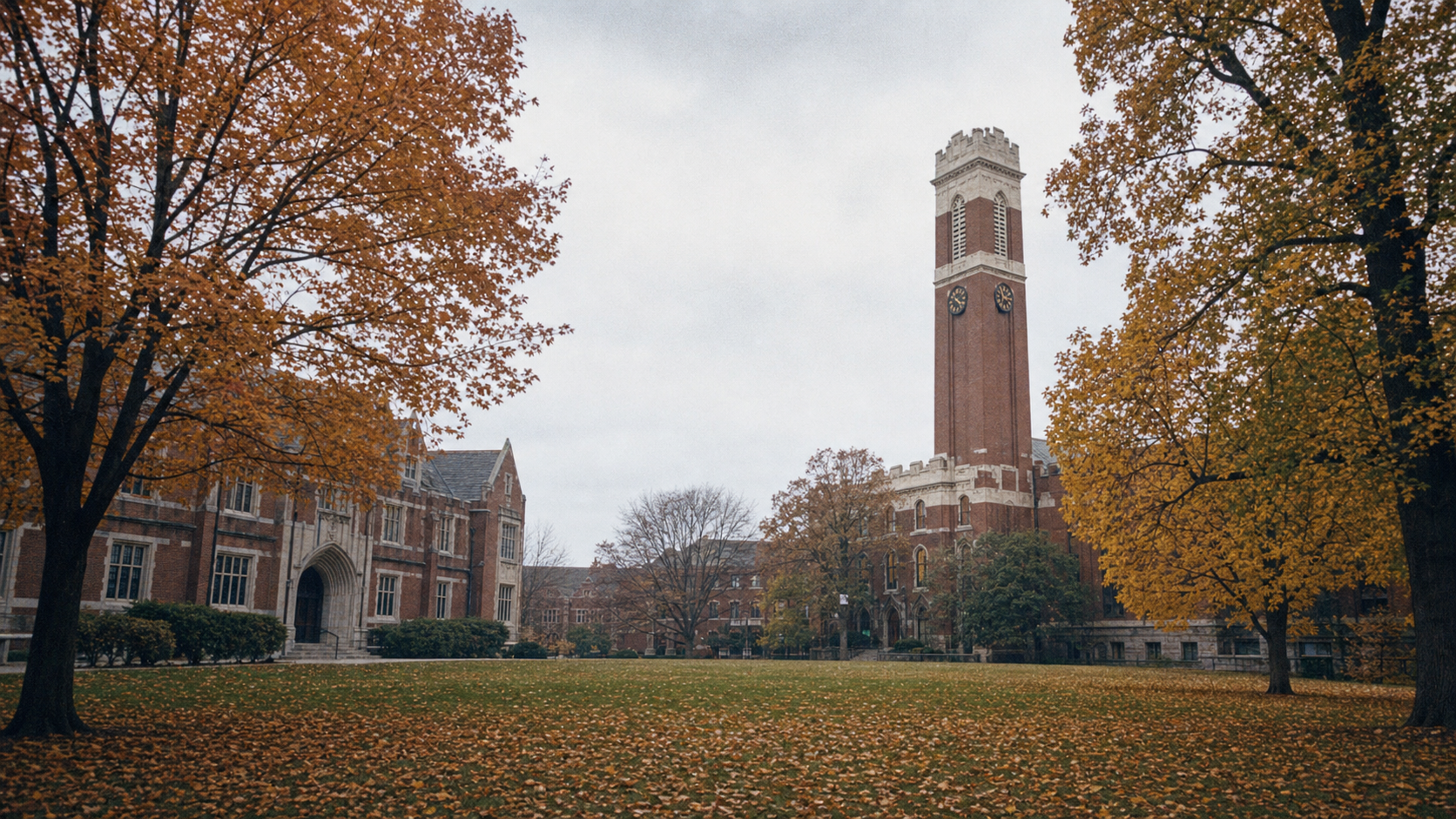 Vanderbilt University Kirkland Hall red-brick clock tower rising above an autumn lawn scattered with fallen leaves, framed by oak trees