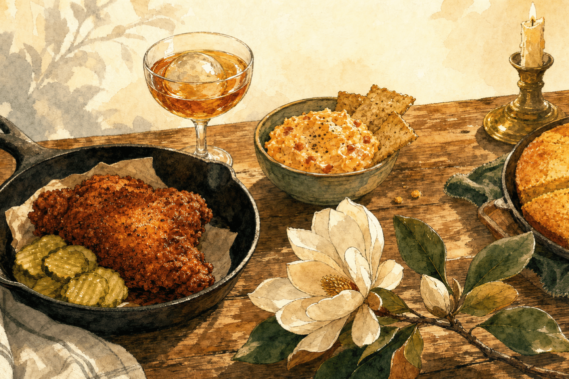 Warm watercolor illustration of a Nashville dining table with hot chicken, pimento cheese, cornbread, whiskey, and magnolia — Music City Magnolia's Where to Eat guide hero