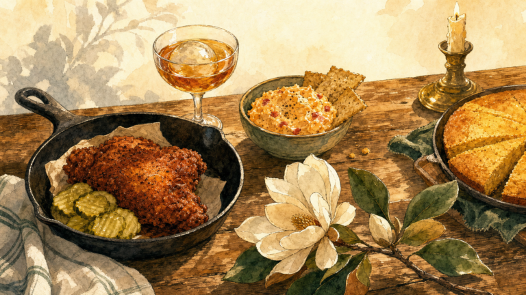Warm watercolor illustration of a Nashville dining table with hot chicken, pimento cheese, cornbread, whiskey, and magnolia — Music City Magnolia's Where to Eat guide hero