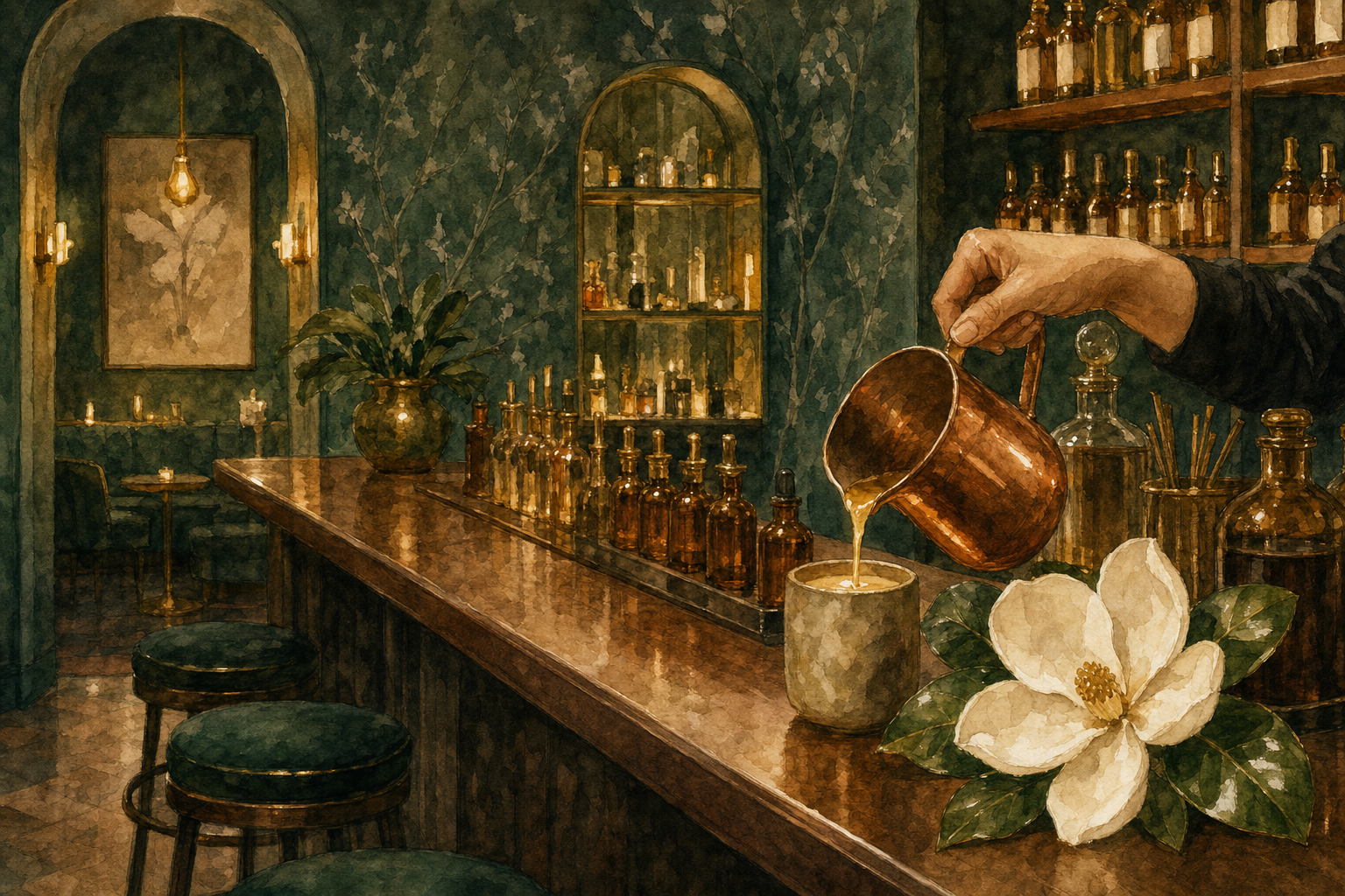 Watercolor illustration of The Alice candle and perfumery bar in Germantown with amber apothecary bottles and hand-poured candles