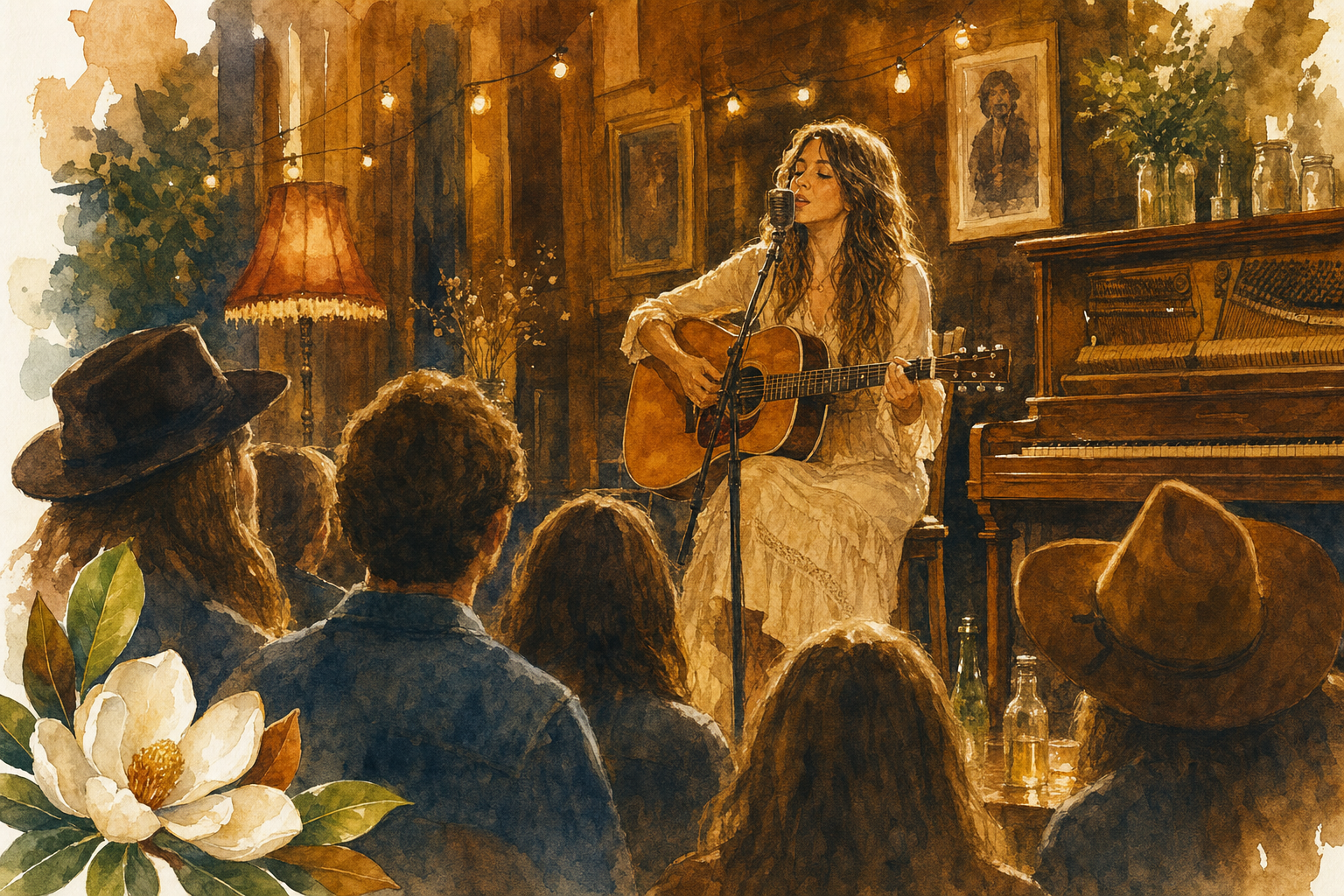 Watercolor illustration of an intimate AmericanaFest showcase performance in a warm Nashville listening room