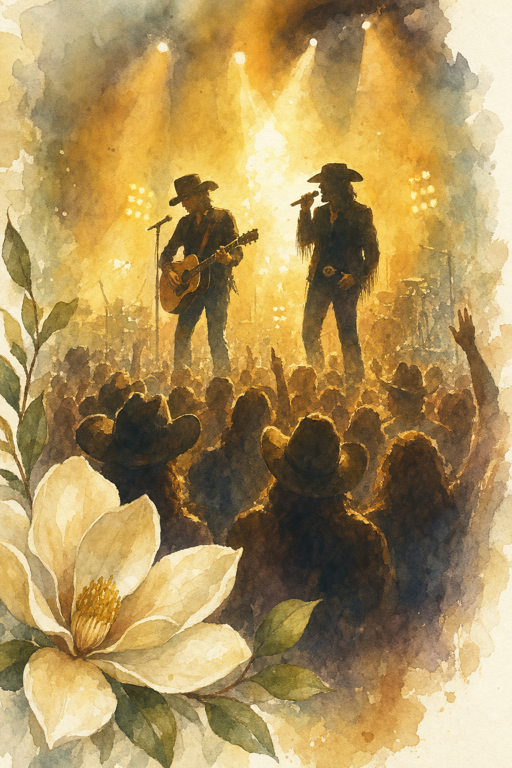 Watercolor illustration of Brooks and Dunn performing on stage at Bridgestone Arena in Nashville