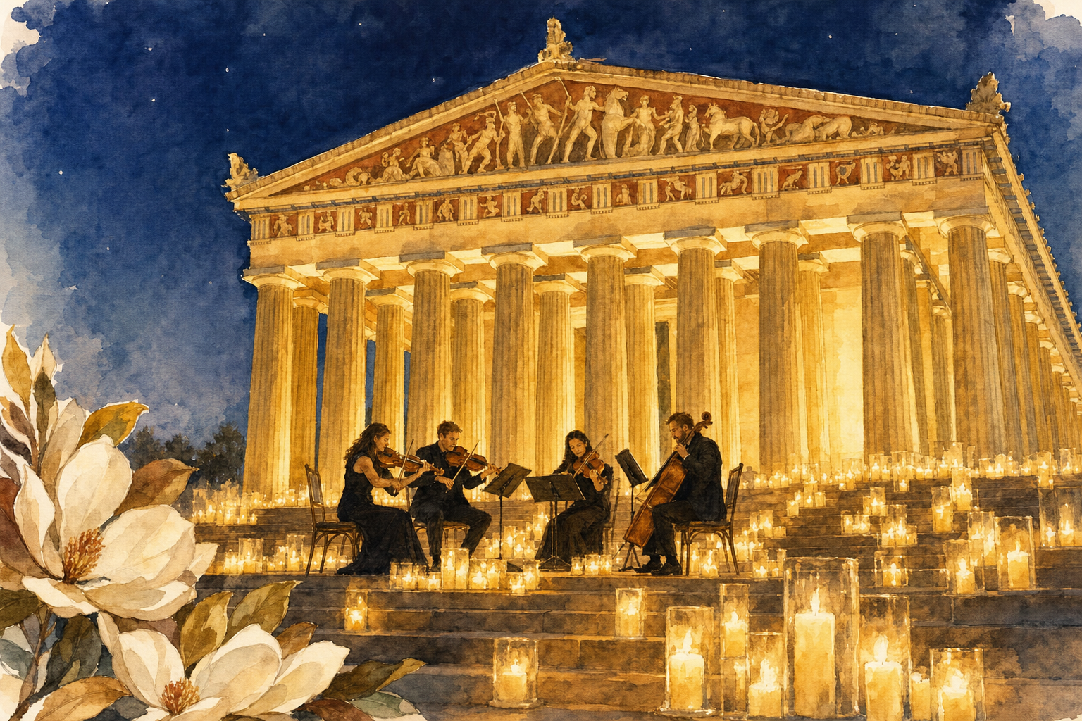 Watercolor illustration of a Candlelight concert at The Parthenon Nashville with a string quartet and hundreds of candles