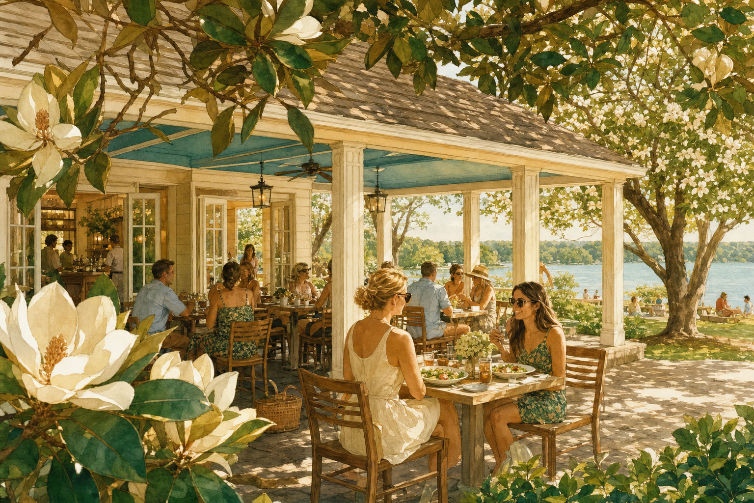 Watercolor illustration of Croquet Cafe in Centennial Park with a covered blue-ceiling patio, magnolia trees, and a glimpse of Lake Watauga