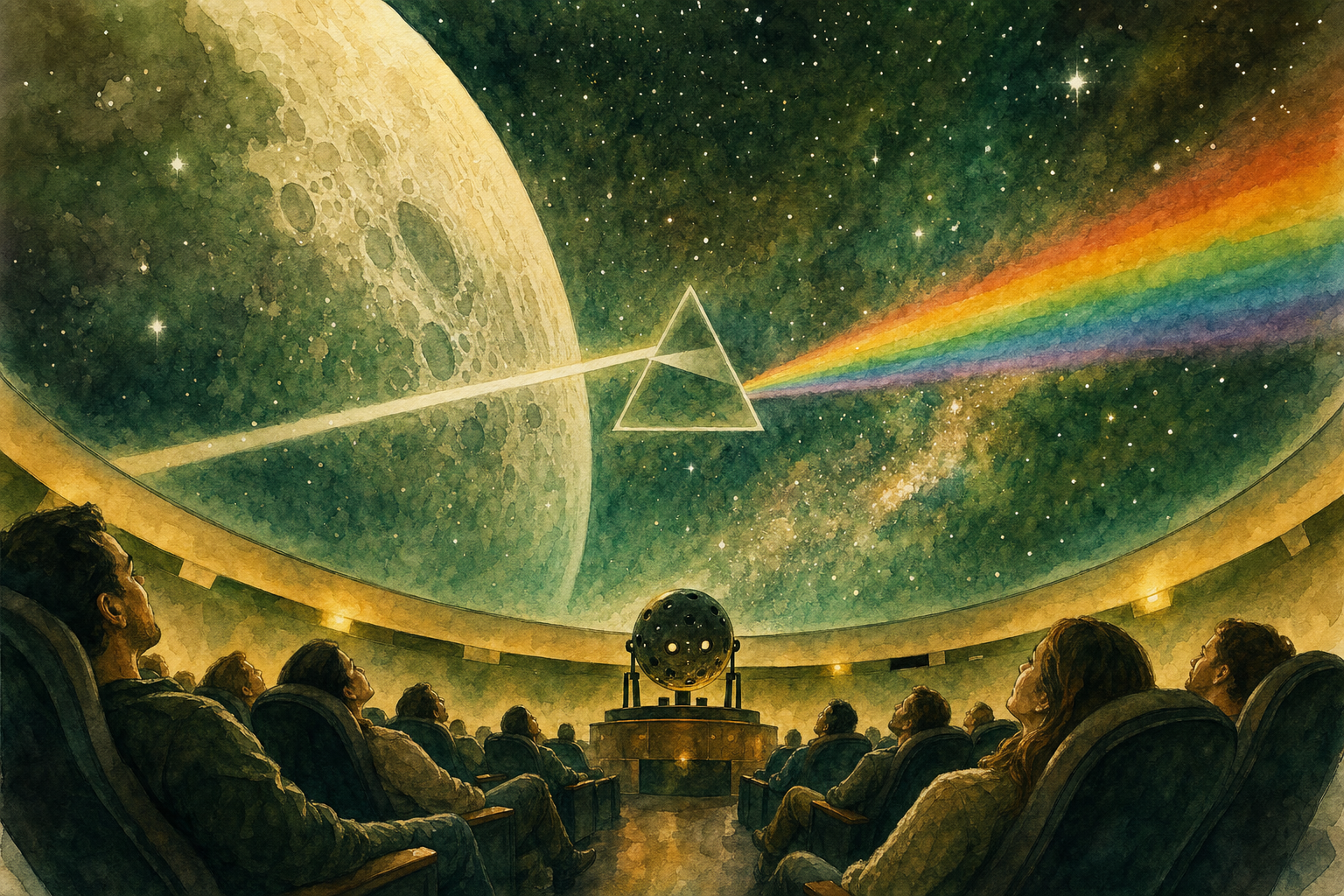 Watercolor illustration of the Pink Floyd Dark Side of the Moon 360 show at the Sudekum Planetarium at Adventure Science Center