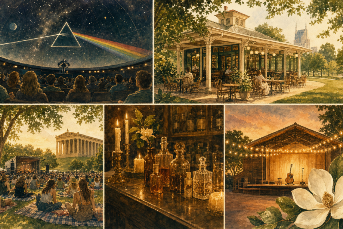 Nashville weekly picks — Dark Side of the Moon planetarium, Croquet Cafe at Centennial Park, Musicians Corner free concerts, The Alice candle bar in Germantown, and Opry 100 final weekend