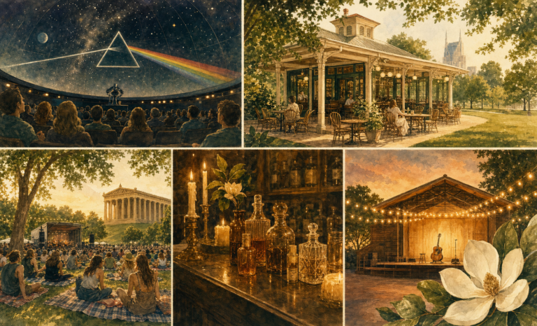 Nashville weekly picks — Dark Side of the Moon planetarium, Croquet Cafe at Centennial Park, Musicians Corner free concerts, The Alice candle bar in Germantown, and Opry 100 final weekend