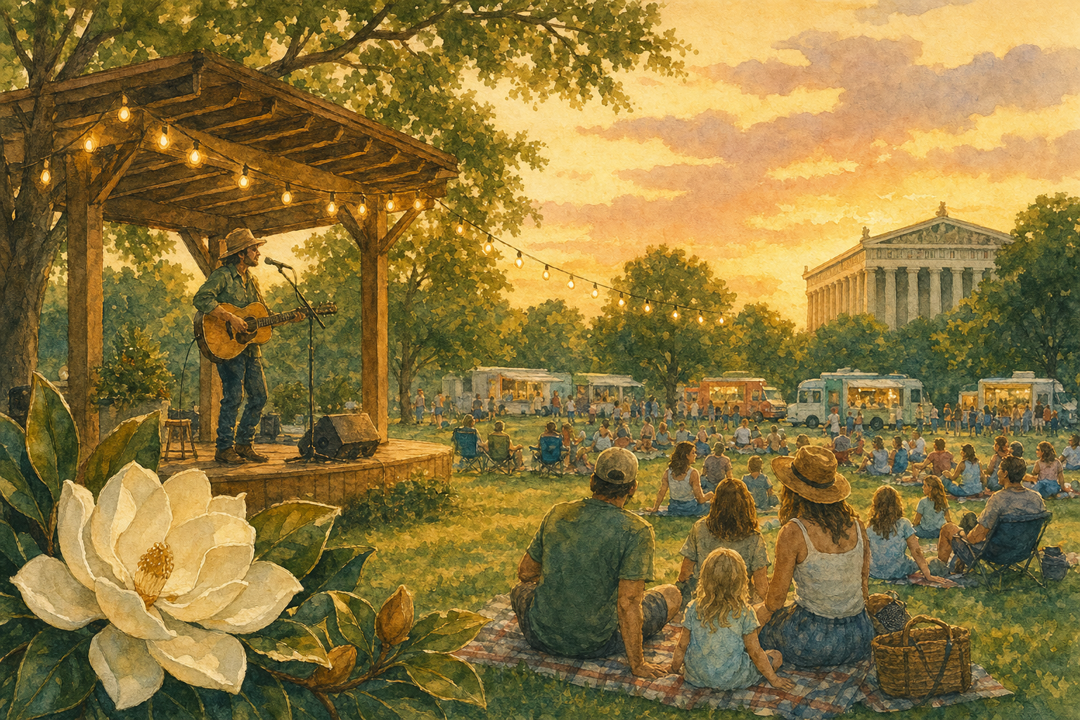 Watercolor illustration of the Musicians Corner free outdoor concert series at Centennial Park with picnic blankets, food trucks, and the Parthenon in the background