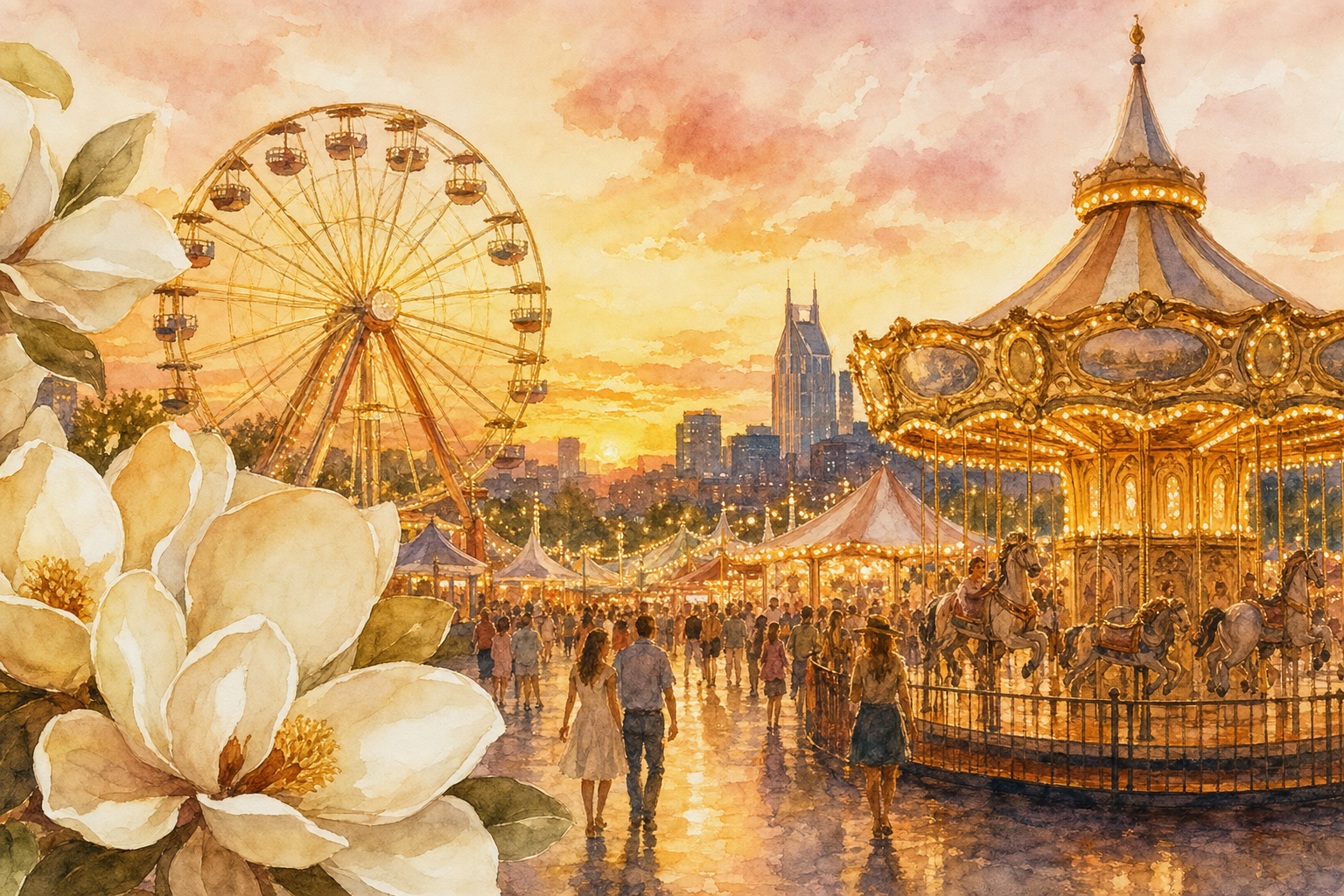 Watercolor illustration of The Nashville Fair at The Fairgrounds Nashville with ferris wheel and carousel at dusk