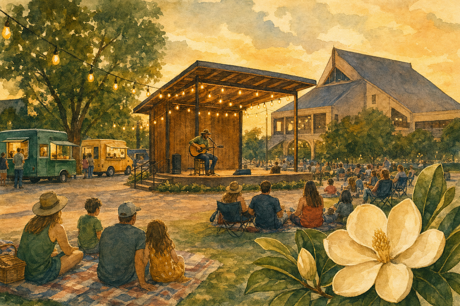 Watercolor illustration of the Opry 100 Outdoor Concert Series on the Grand Ole Opry Plaza with strung lights and picnic blankets on the final weekend