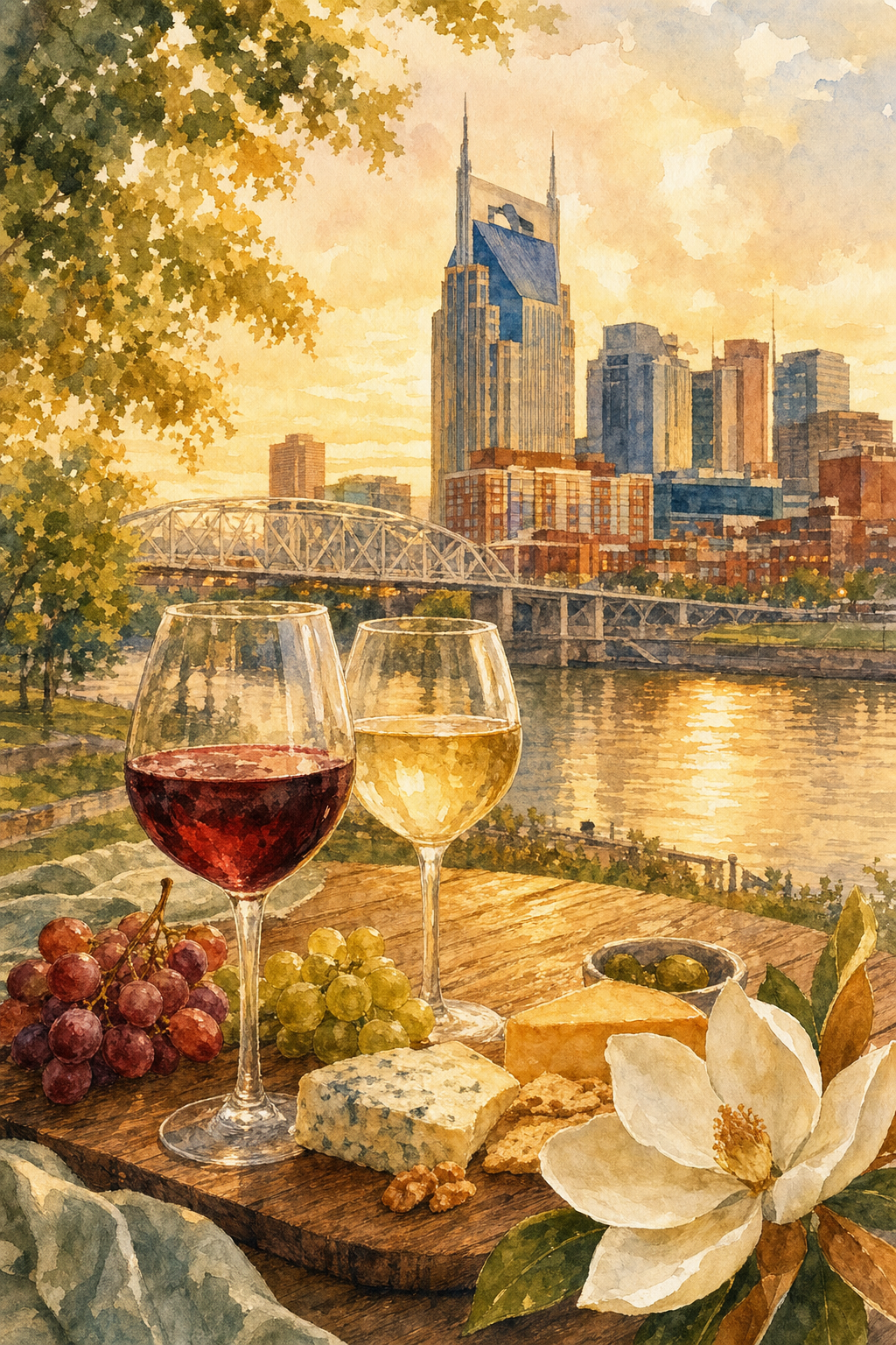 Watercolor illustration of Wine on the River at Riverfront Park Nashville with wine glasses and the Nashville skyline