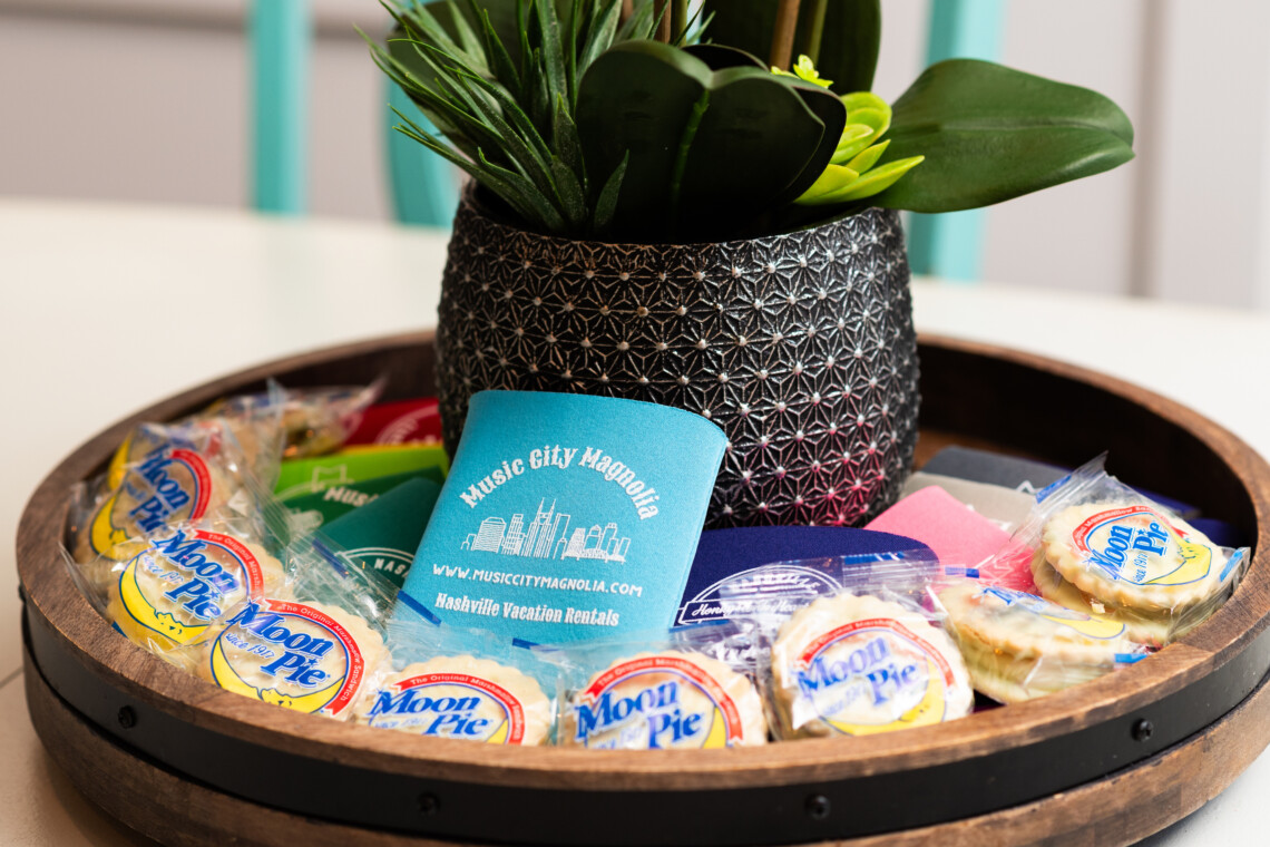 Welcome Gifts: Souvenir Coozie & Local Moon Pies — Cumberland Retreat, Music City Magnolia East Nashville rental near Nissan Stadium