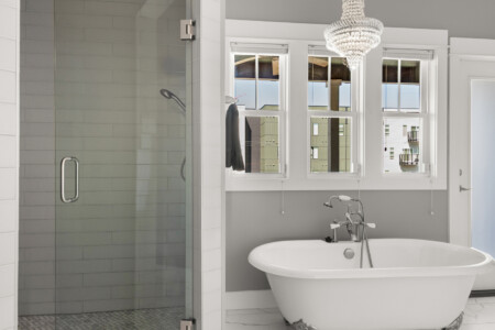 Primary Ensuite Shower with Body Jet & 2 Heads, Vegan Santal Toiletries (Upstairs) — Cumberland Retreat, Music City Magnolia East Nashville rental near Nissan Stadium