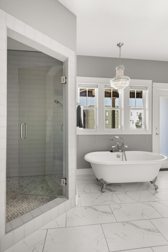 Primary Ensuite Shower with Body Jet & 2 Heads, Vegan Santal Toiletries (Upstairs) — Cumberland Retreat, Music City Magnolia East Nashville rental near Nissan Stadium