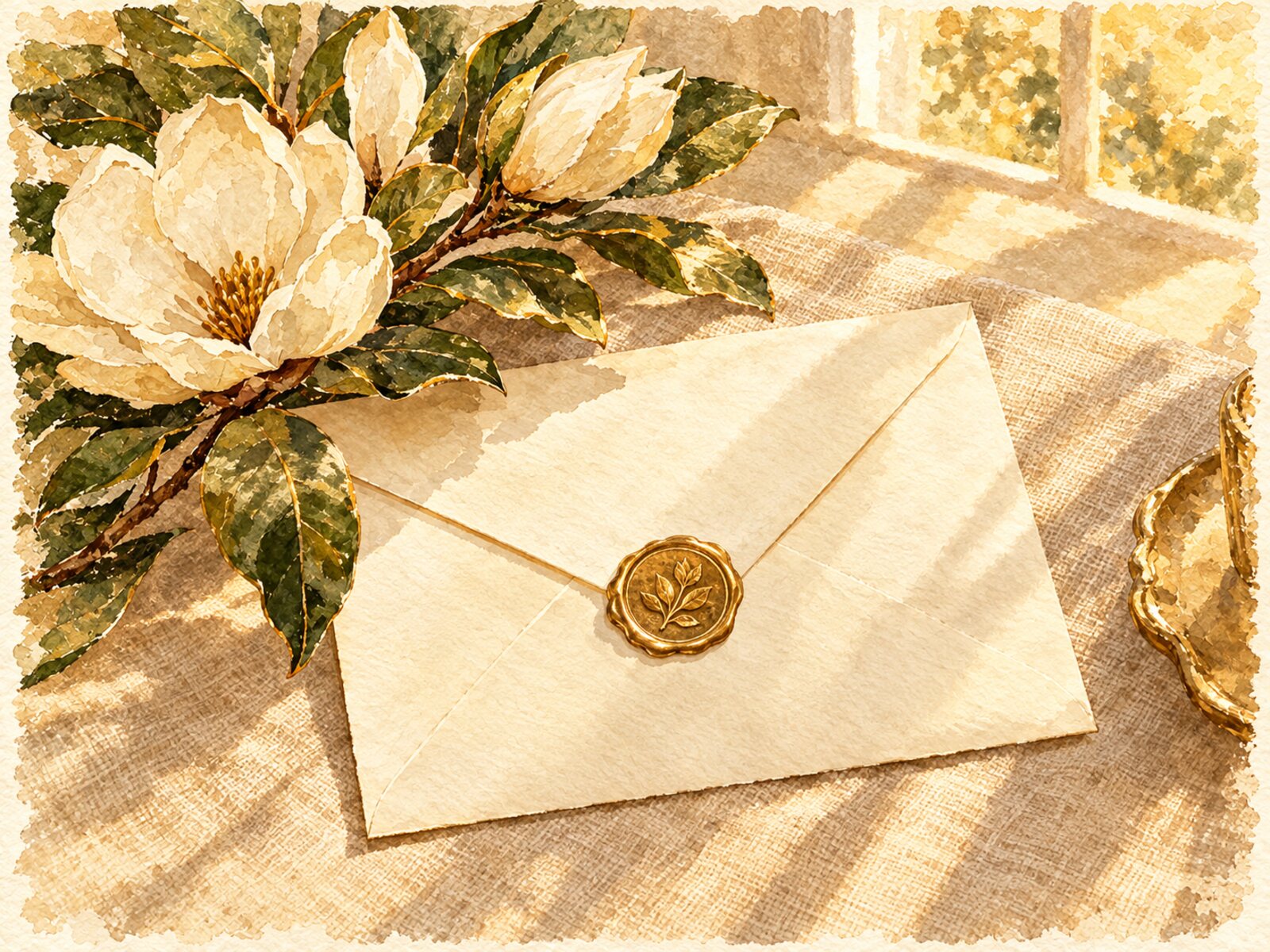 Watercolor of a cream envelope and white magnolia blossoms