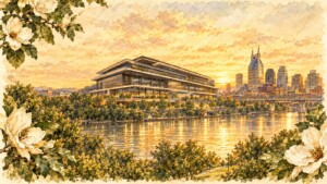 Watercolor of the new Nissan Stadium on the East Bank at golden hour, framed by magnolia blossoms