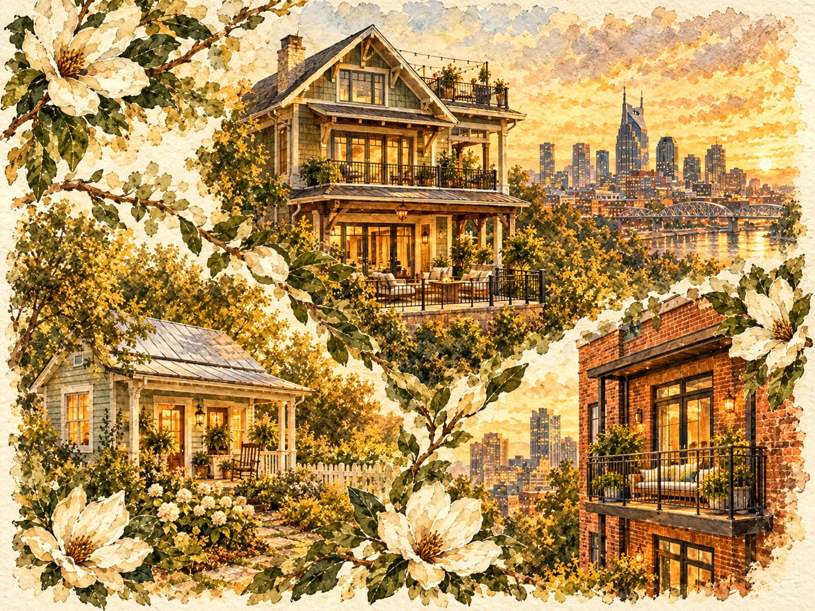 Watercolor of three Nashville houses framed by magnolia branches