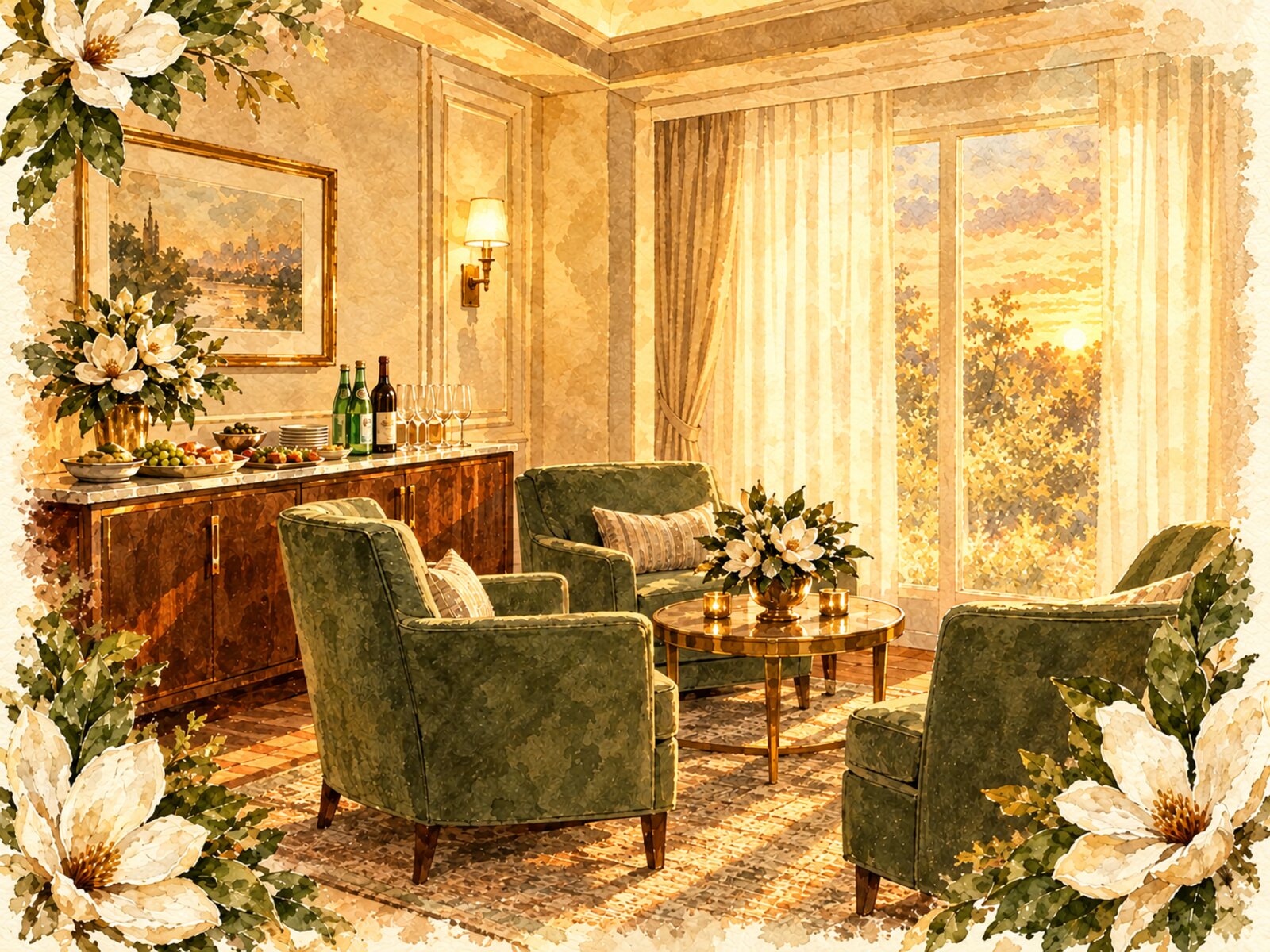 Watercolor of a private suite lounge with food, drinks, and magnolia blossoms